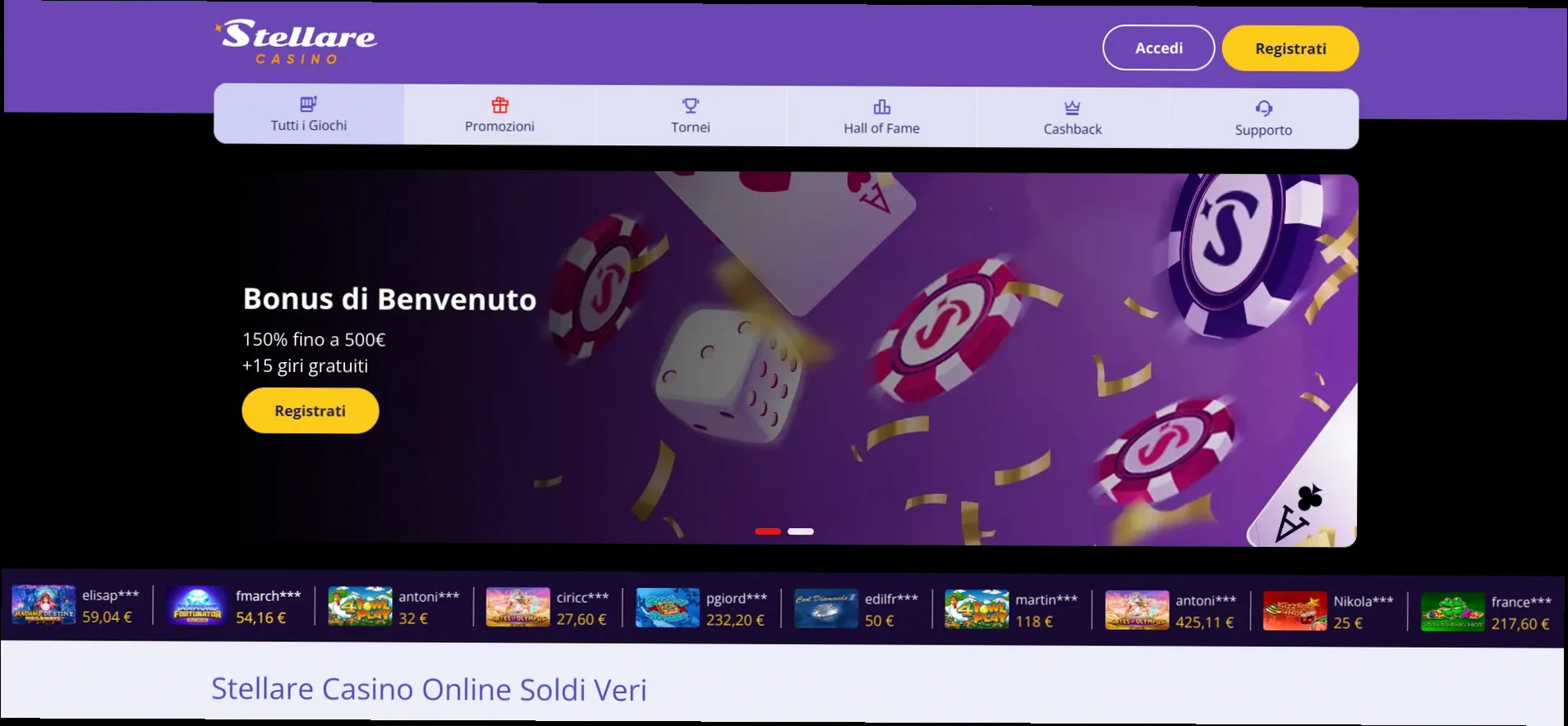 Stellare Casino - Fino a 2.000 € di bonus e 150 Giri Gratuiti